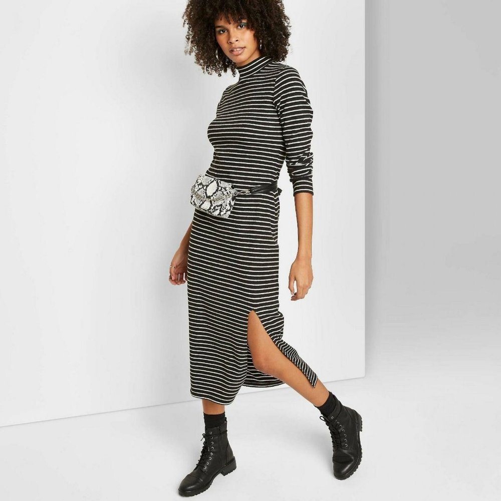 NWT Striped Rib Knit Midi Dress Large Black - Picture 3 of 5
